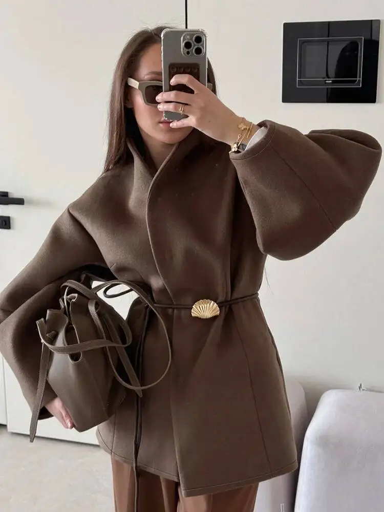Chic Women's Solid Woolen Coat Elegant Full Sleeves Waist Tie Loose Outfit Fashionable Autumn Commuting Daily Lady Street Jacket