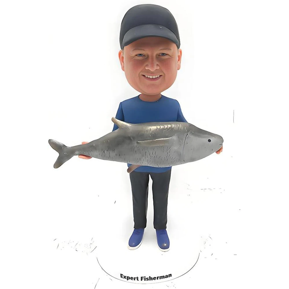 Custom Bobblehead Fisherman Figurine with Fish,Personalized Fishes Sculpture,Handmade Bobble Head for Fishing Lovers