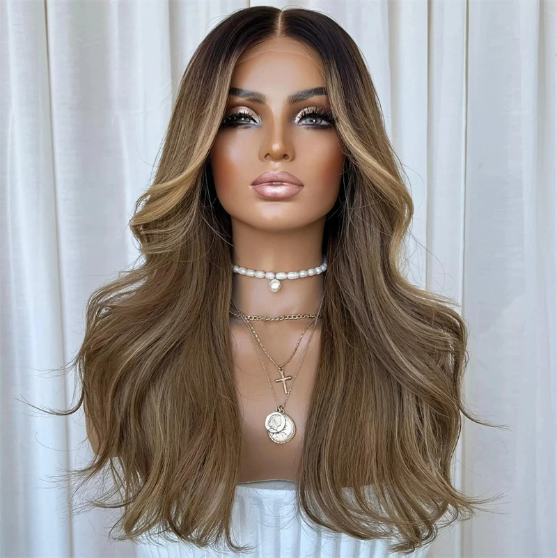 

HD Lace Glueless Wig Ombre Caramel Brown Highlights Synthetic Lace Front Wigs High Quality Wig for White Black Women Party Wig