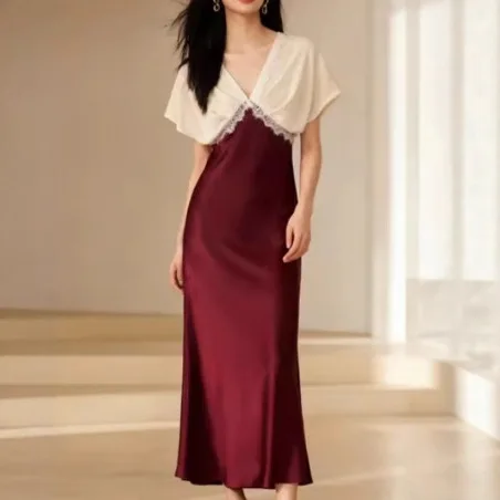 Female Clothing Dresses For Woman 2026 Women's Spring Long Dress New Elegant V-neck Temperament Lace Silk Satin Long Dress Robe