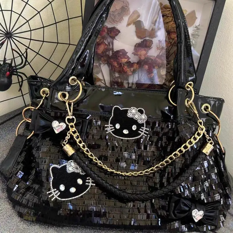 

Sanrio Large Capacity Sequins Bag Original Y2K Hello Kitty Bow Bag Niche Sweet Hot Girls Subculture One Shoulder Crossbody Bag