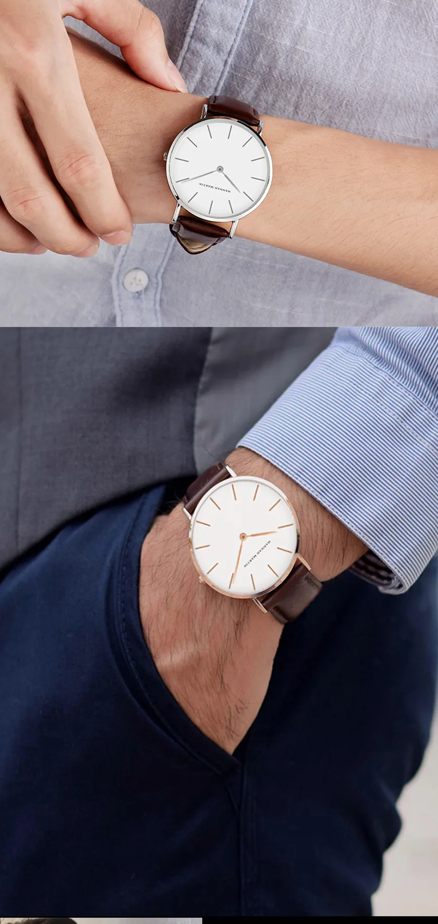 Hannah Martin Hochwertige Herrenuhr Mode Japan Quarz Armbanduhren Silber Braun Leder Quarzwerk Wasserdichte Uhr – Detail 10