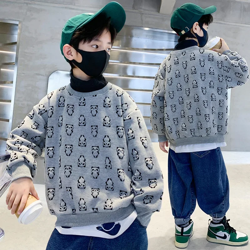 Zhenbao Kid's Clothes 5-14 Years Old Boy Autumn Winter Sweater Fleece Lined Padded Keep Warm Panda Coat Fashion Boy Outerwear