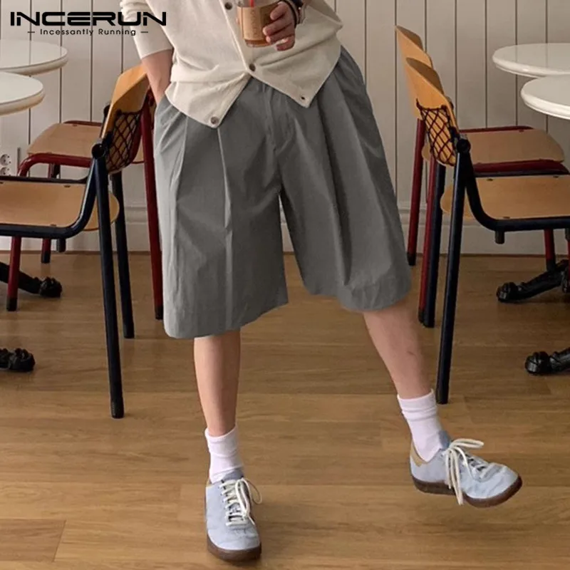 INCERUN Men Shorts Solid Color Button Pockets Loose Casual Men Bottoms Streetwear Summer 2024 Pleated Fashion Male Shorts S-5XL