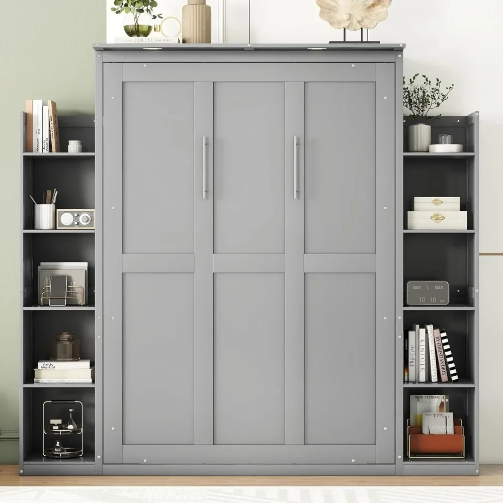 Full Size Murphy Bed, Wooden Full Wall Bed with Shelves and LED Lights, Gray