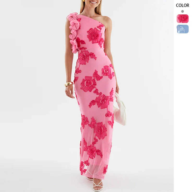 

Women's Summer 2026 Fashion Slanted Neck Suspender Bag Sexy 3D Floral Dress Elegant Butt Dress