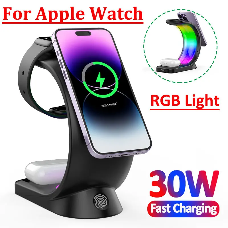 30W 4 in 1 Magnetic Wireless Charger Stand for iPhone 14 13 12 Pro Max RGB Lights Fast Charging Station for Apple Watch AirPods