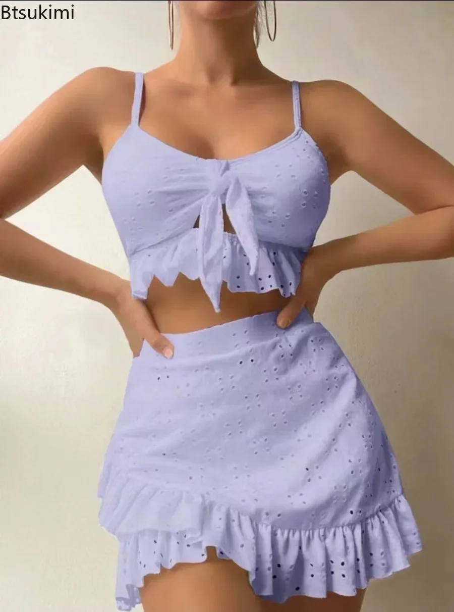 Conjunto de Bikini blanco de 3 piezas para mujer, traje de baño con cuello Halter, falda de realce con volantes, cintura alta, 2024