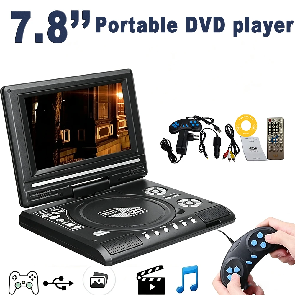 Lettore di dischi DVD, CD ed EVD da 7,8 pollici, lettore digitale da tavolo per smart TV con telecomando, lettore portatile per viaggi, lettore di VCD, MP3 e MPEG con 270 funzioni. ° Schermo LCD