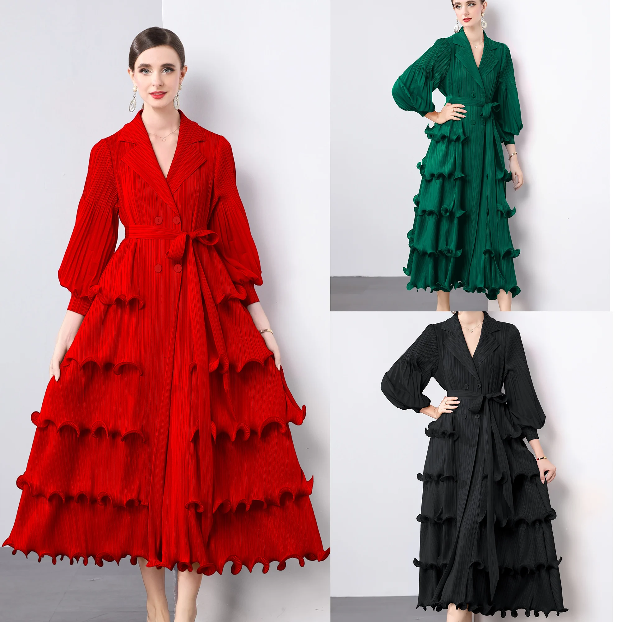 Vestido E de Manga Longa com Saia em Camadas e Lapela de X, Bordado Pesado, Manga Lanterninha, Tamanho Plus para Mu...