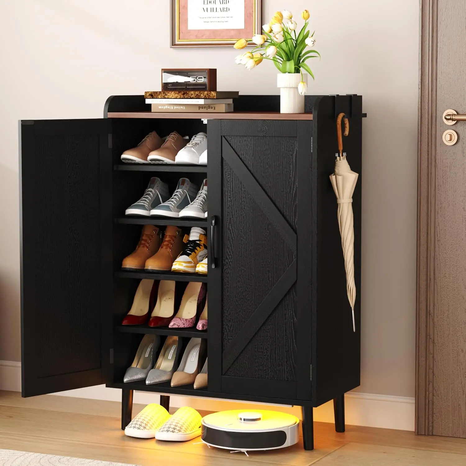 Farmhouse Shoe Cabinet LED Light Adjustable 5-Tier Hidden Rack Holds 15-18 Pairs Entryway Hallway Closet Black Brown, Customized