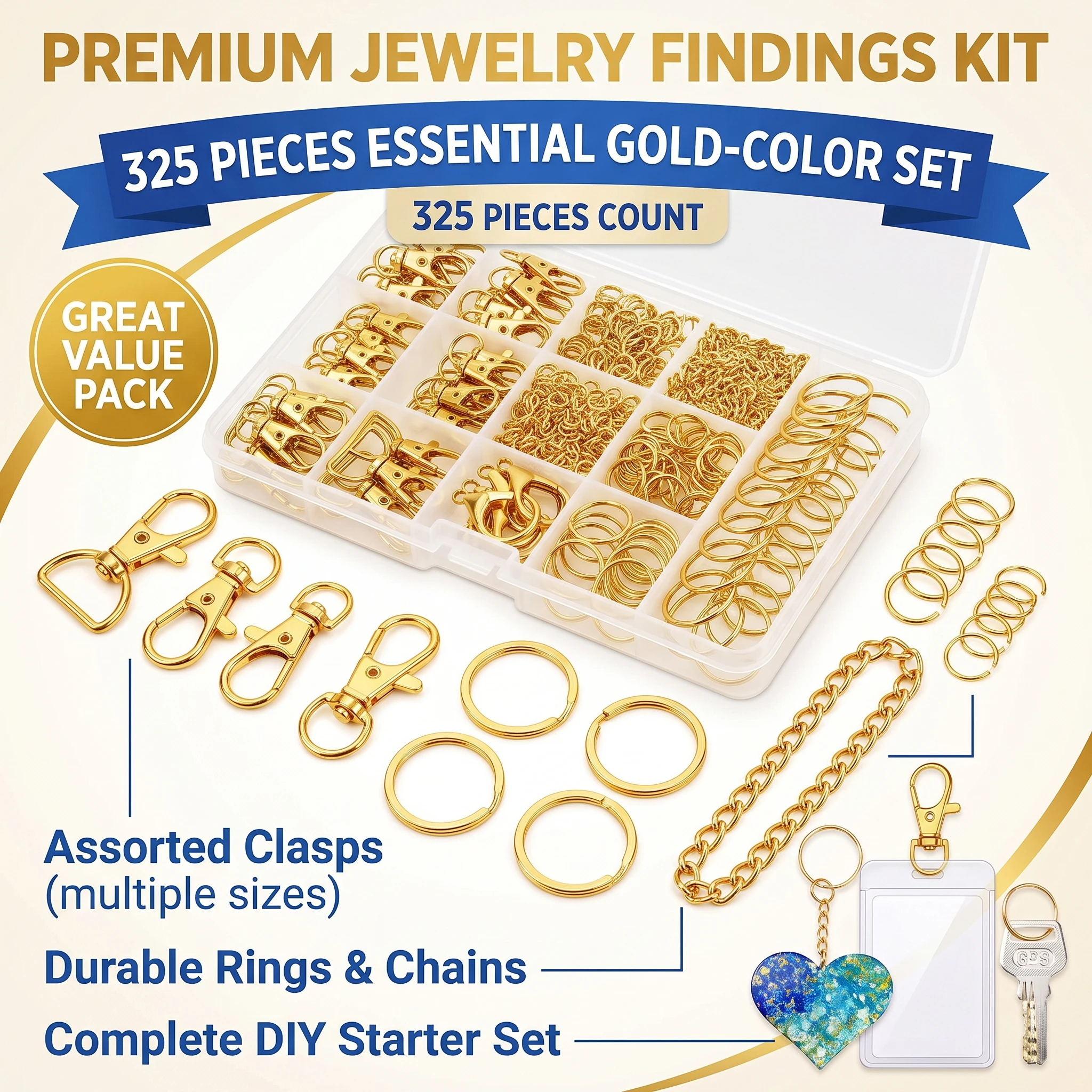 325Pcs Keychain Making Kit Gold Swivel Lobster Clasps Split Key Rings with Chains Open Jump Rings Set with Storage Box for DIY C