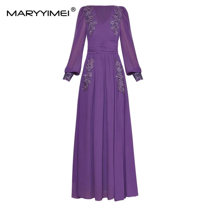 

MARYYIMEI Fashion Autumn Women's dress V-neck Long sleeved Embroidery Applique Beaded Folds Slim Elegant Split Long Dresses