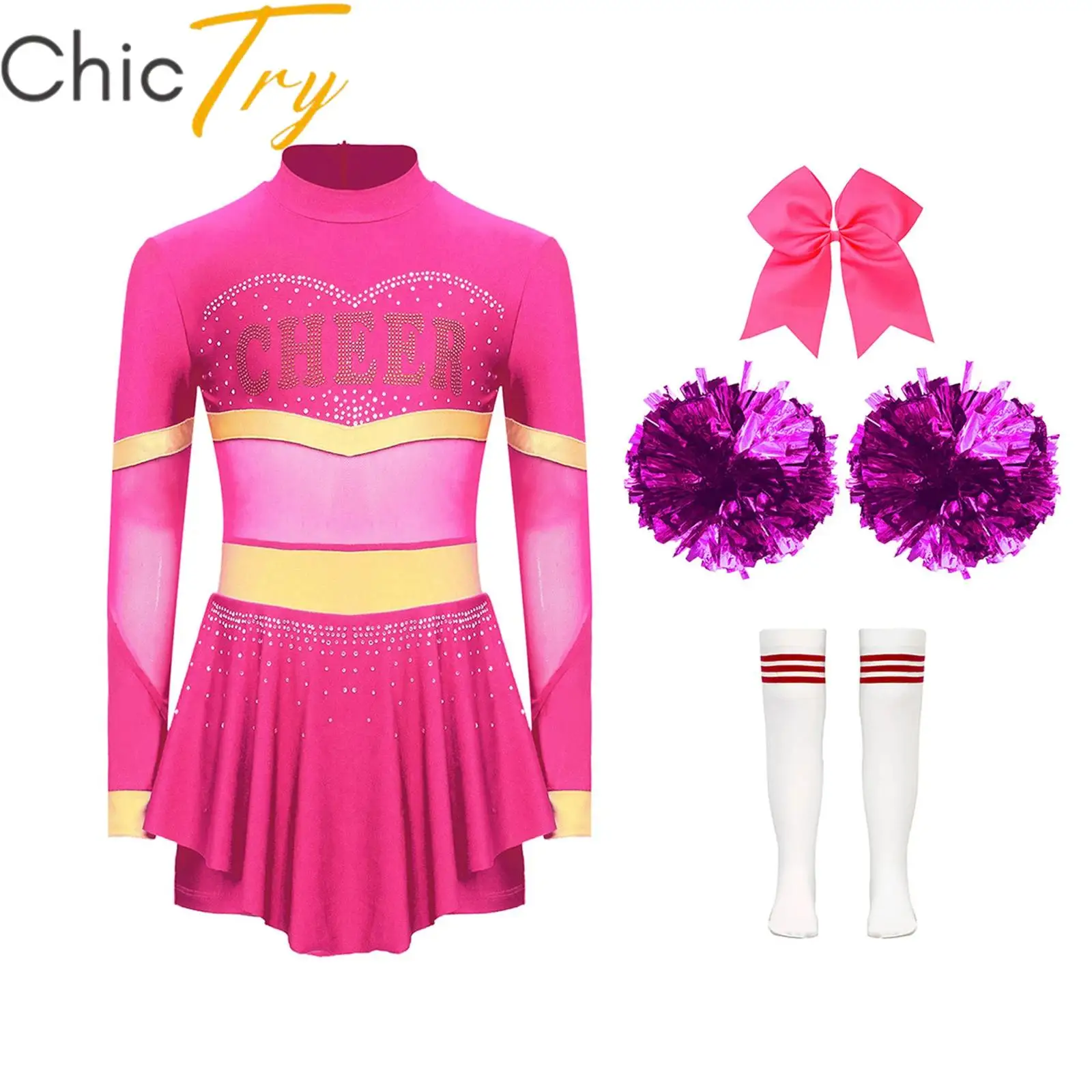 4Pcs Kids Girls Cheer Leader Costume Long Sleeve Diamonds Dance Dress Jumpsuit Ball Game Outfit for Stage Performance Cheer Up