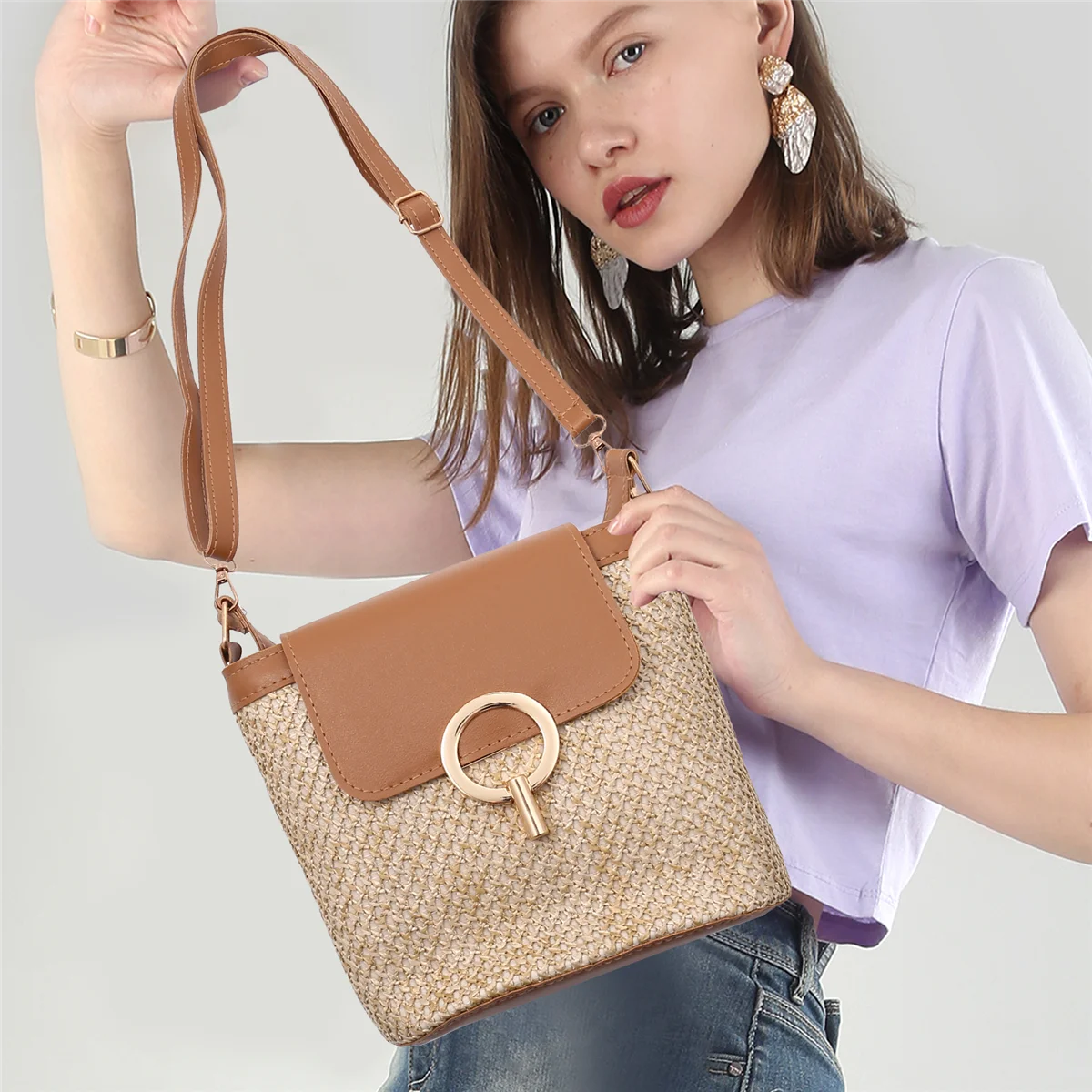 ABQR Borse a secchiello piccole in paglia per donna Borse a tracolla estive Borse da viaggio e borsette da donna Borsa a tracolla semplice da donna Marrone