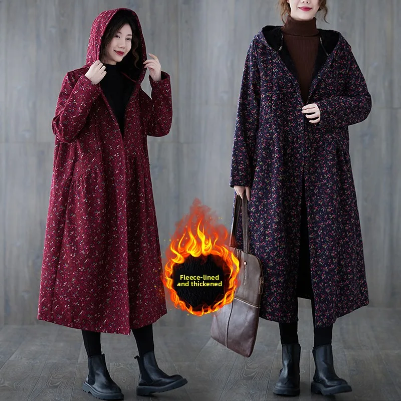 

Thiened Fce, осенне-зимнее пальто, женская одежда больших размеров, длинное хлопковое платье миди с капюшоном и цветочным принтом, художественное платье