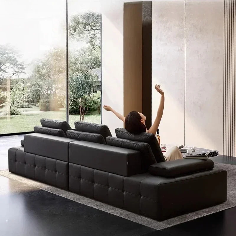Modern Luxury 3seats Italian Minimalist Living Room Furniture Retro Lawrence Big Black Cow Leather Sofa L Shaped Lazy Minimalist image 4