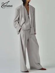 Oymimi Fashion Grey 3 Piece Sets Women Outfit Elegant Long Sleeve Button Shirts And V-Neck Lace-Up Tank Tops + Simple Pants Set