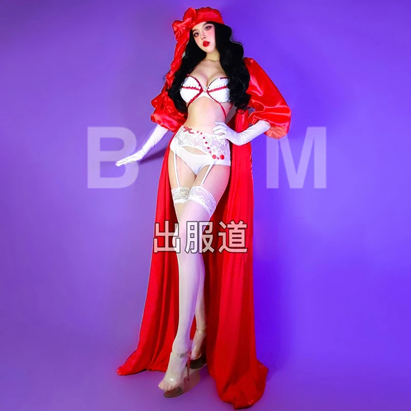 ドラッグクイーン衣装ゴーゴーダンス衣装ショー赤ロングコート白セクシーなビキニナイトクラブダンススーツフェスティバルステージ衣装 3082