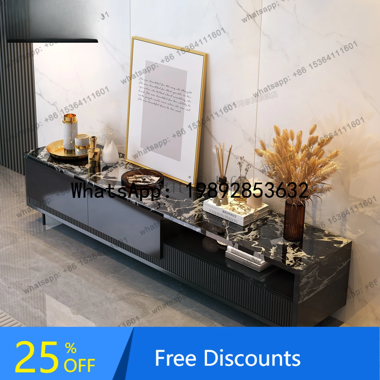 

HH Italian marble TV cabinet living room high-end black floor cabinet