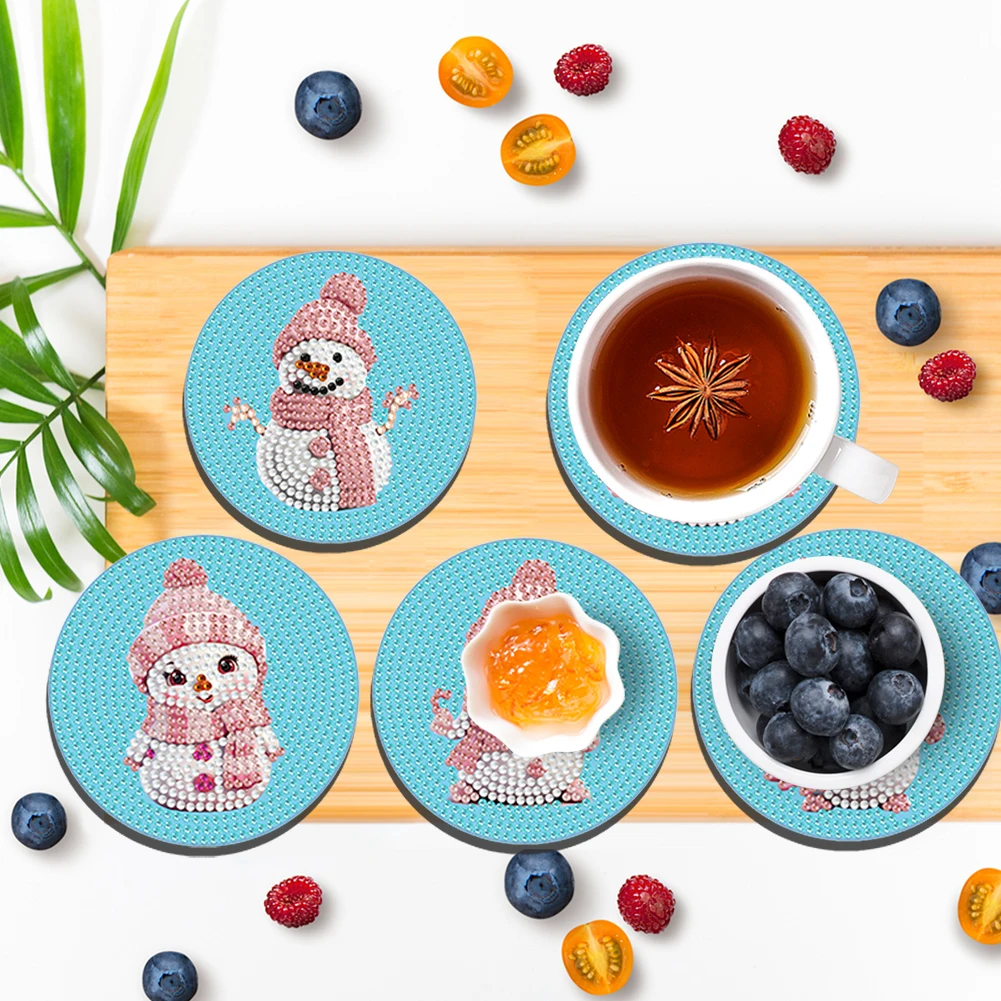 6/8PCS Snowman Round Diamond Painting Art Coaster Kit Sewing Machine Pink Owl with Holder for Adults Kids Beginner Gift Supplies