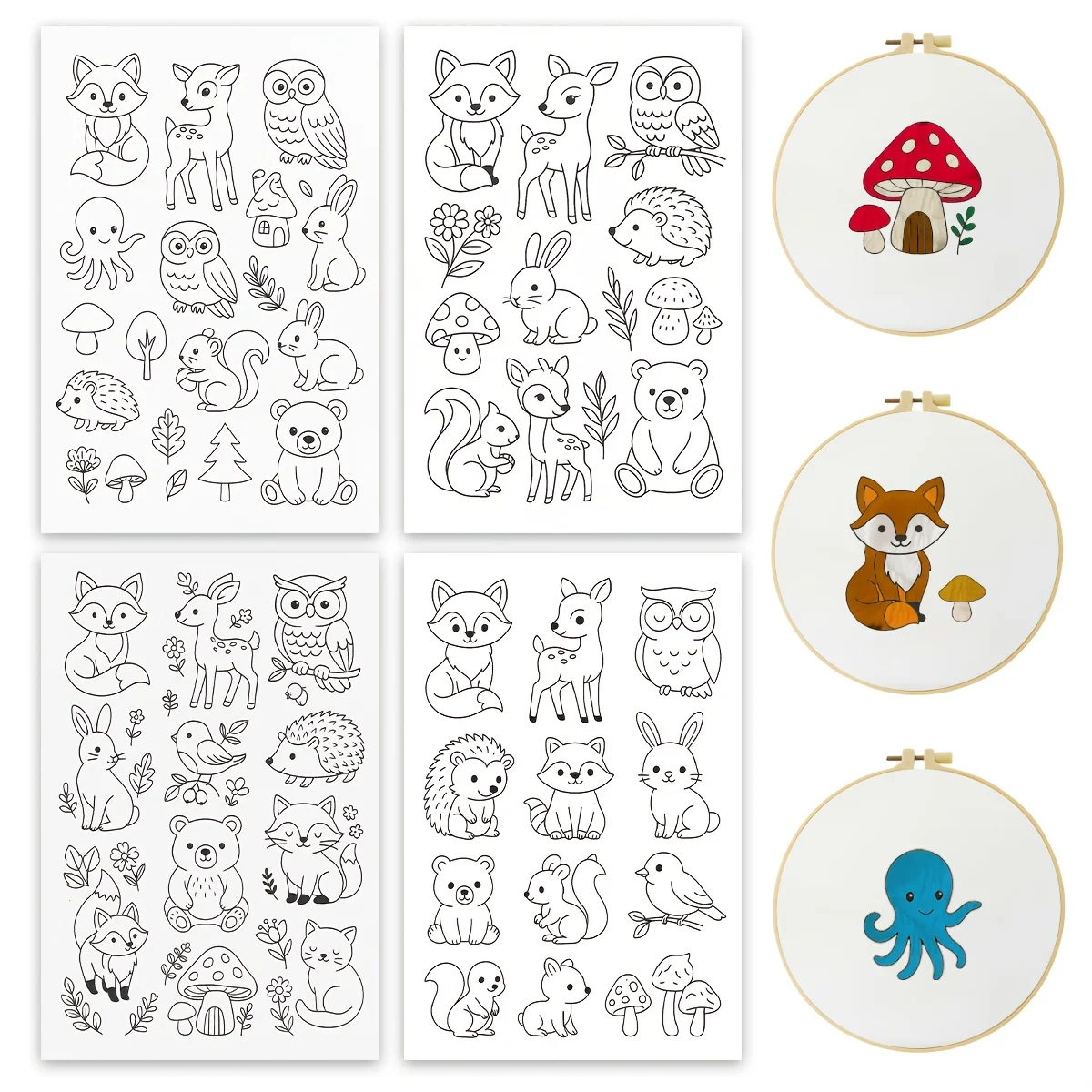 4 Sheets A4 Size Water-Soluble Embroidery Transfer Paper - Easy-to-Use Pre-Printed Animal & Floral Patterns for Beginners