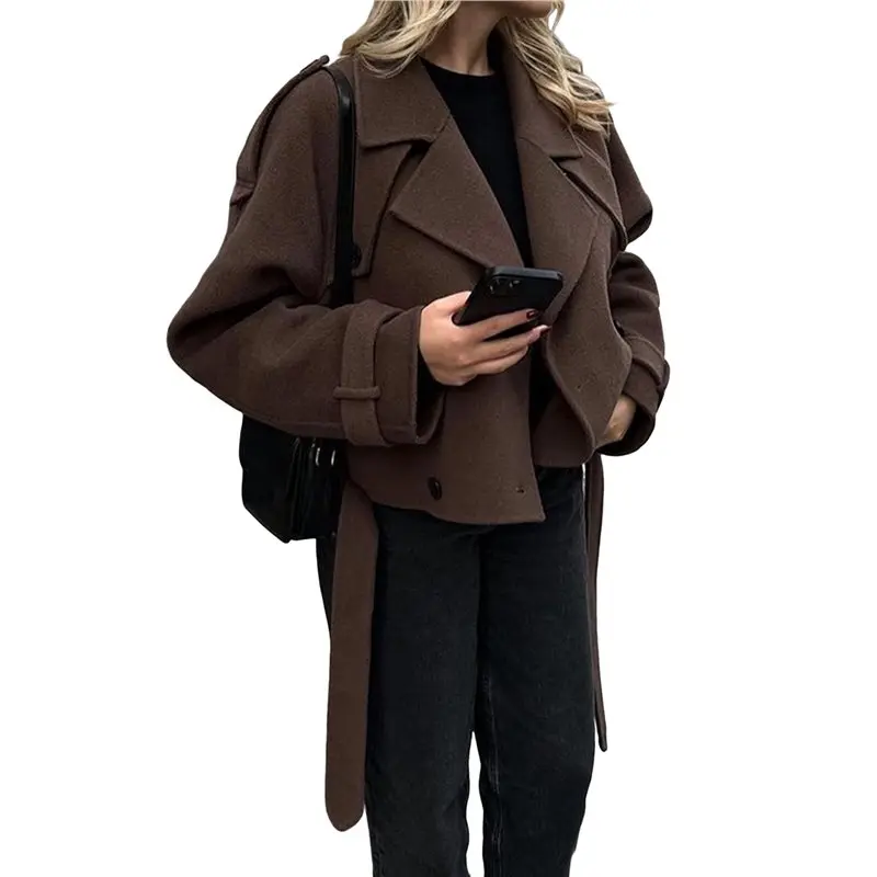 

CYL-Women Crop Double Breasted Woolen Coat Raglan Sleeve Work Office Cropped Jacket With Pockets