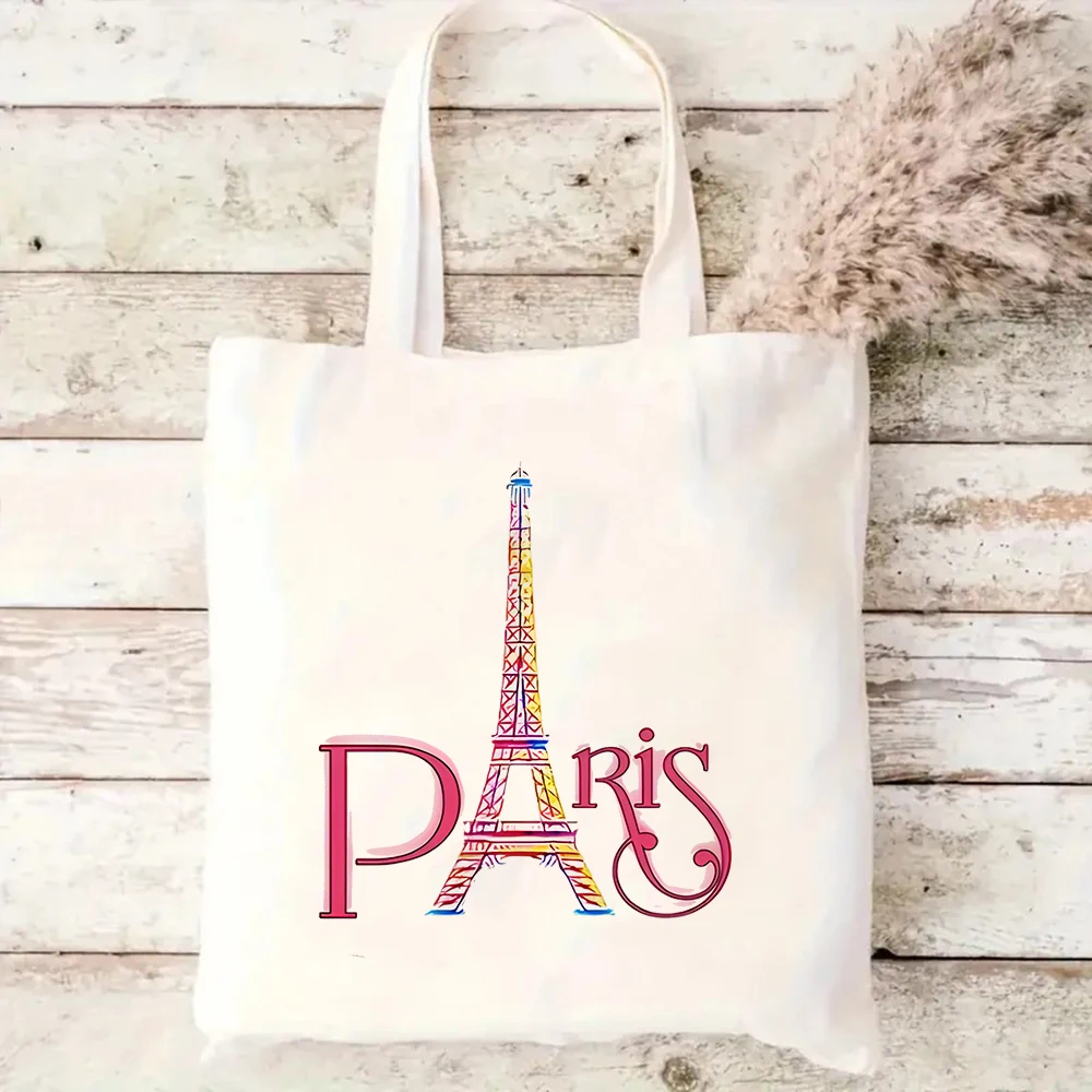 

Trendy Paris Letter Canvas Tote Bag Harajuku Aesthetic Landmark Shoulder Shopping Purse Large Eco Reusable Cloth Handbags Girl