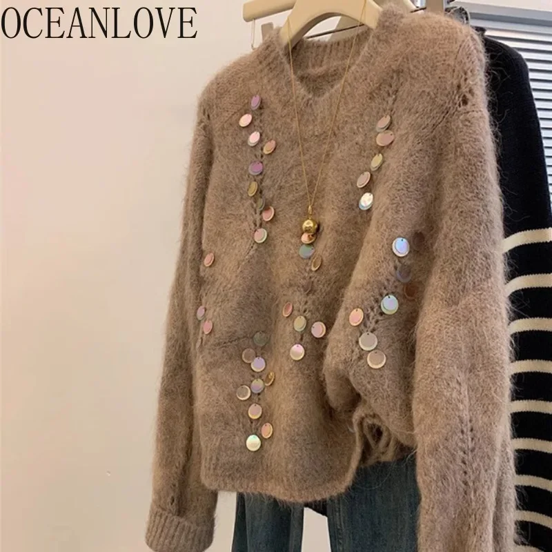 OCEANLOVE Mohair Sweaters Sequins Solid Autumn Winter Warm Women Pullovers Korean Fashion Thick Casual Sweet Pull Femme