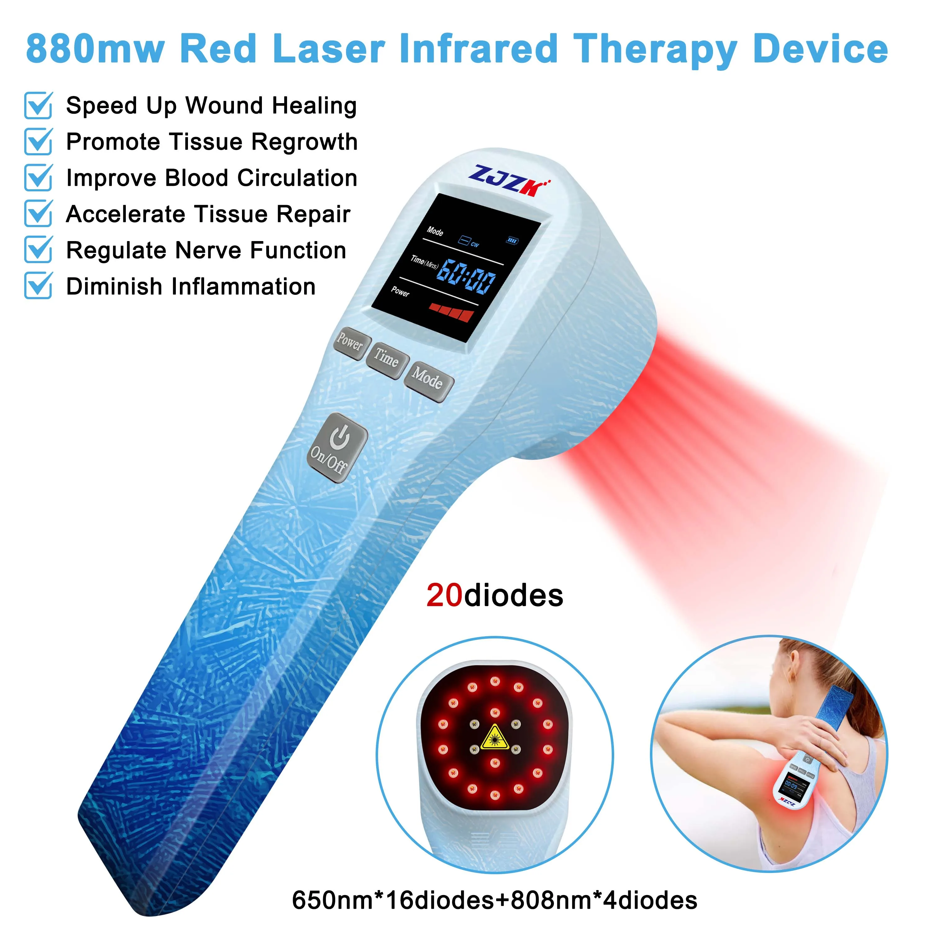 

ZJZK Low Level Laser Therapy Arthritis Light lllt 650nmX16Diodes+808nmX4Diodes Cold Laser For Tendonitis Rheumatoid Arthritis