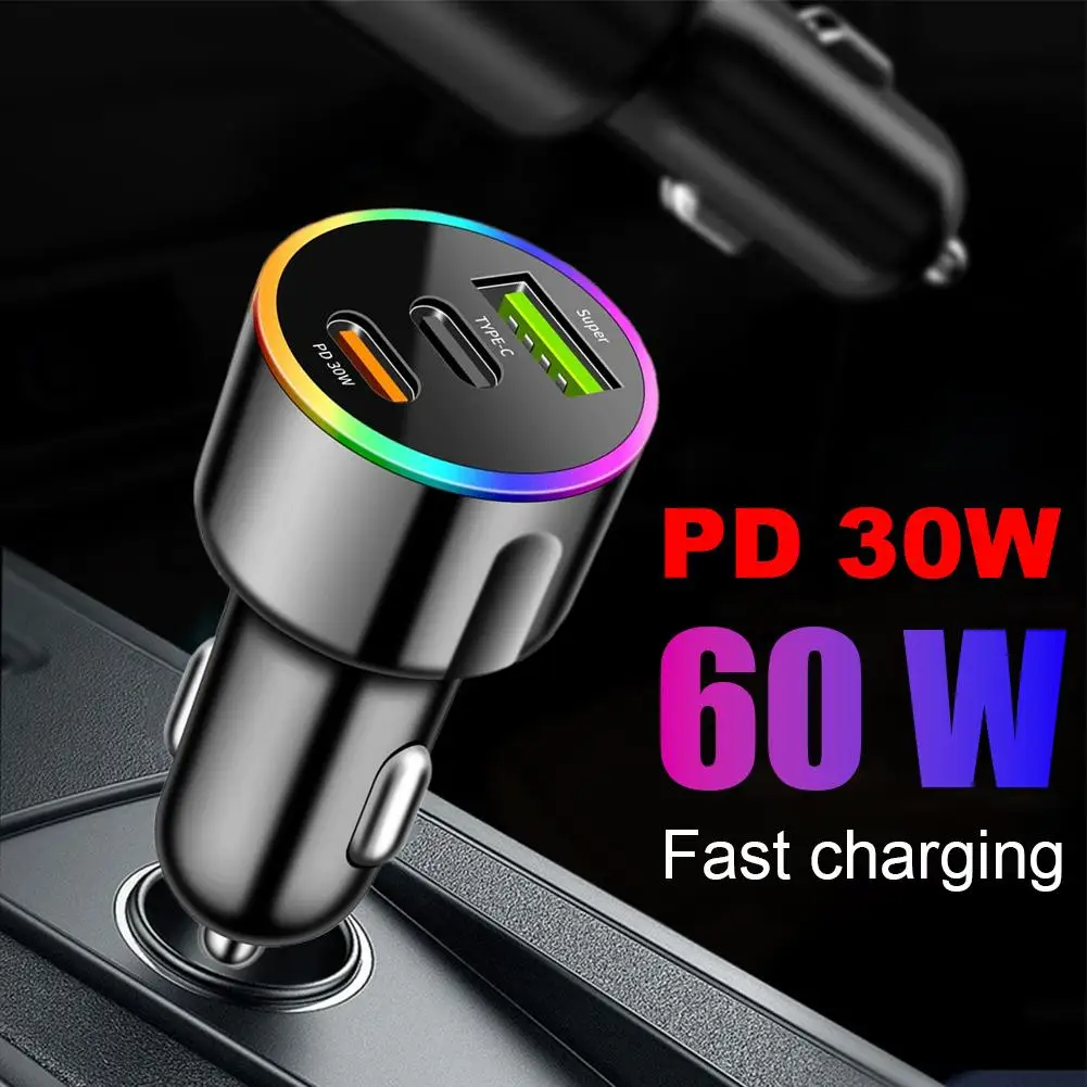 

Car Charger 60W PD30W [USB-A+C+C] C186 New RGB Seven Color Ambient Light For Phone Fast Charging Cigarette Lighter Adapter