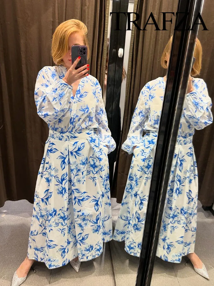 TRAFZA Women 2 Piece Set Chic Print Long Sleeves Single-Breasted Casual Shirts Tops+Fashion High Waist Zipper Slim Long Skirt