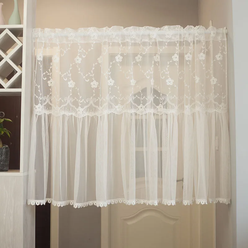 Luxury Embroidery Sheer Curtains with Beads, White Floral Valance, Short Door Curtain, Valance for Kitchen, Bathroom, Balcony