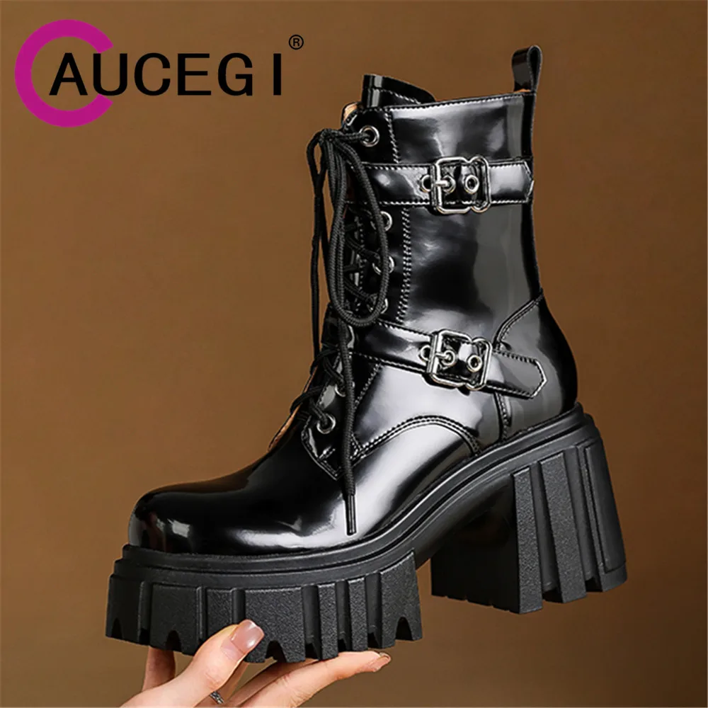 

Aucegi/женские черные, бежевые ботильоны на платформе на толстом высоком каблуке со шнуровкой и молнией, модная обувь ручной работы с круглым носком и металлической пряжкой