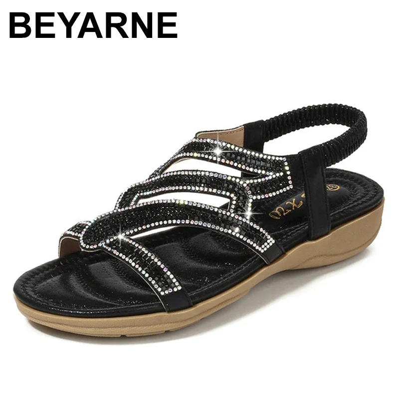 BEYARNE Summer Bohemian Women Sandals Comfortable Wedge Flat Sandals Woman Luxury Rhinestone Big Size Beach Shoes For Women