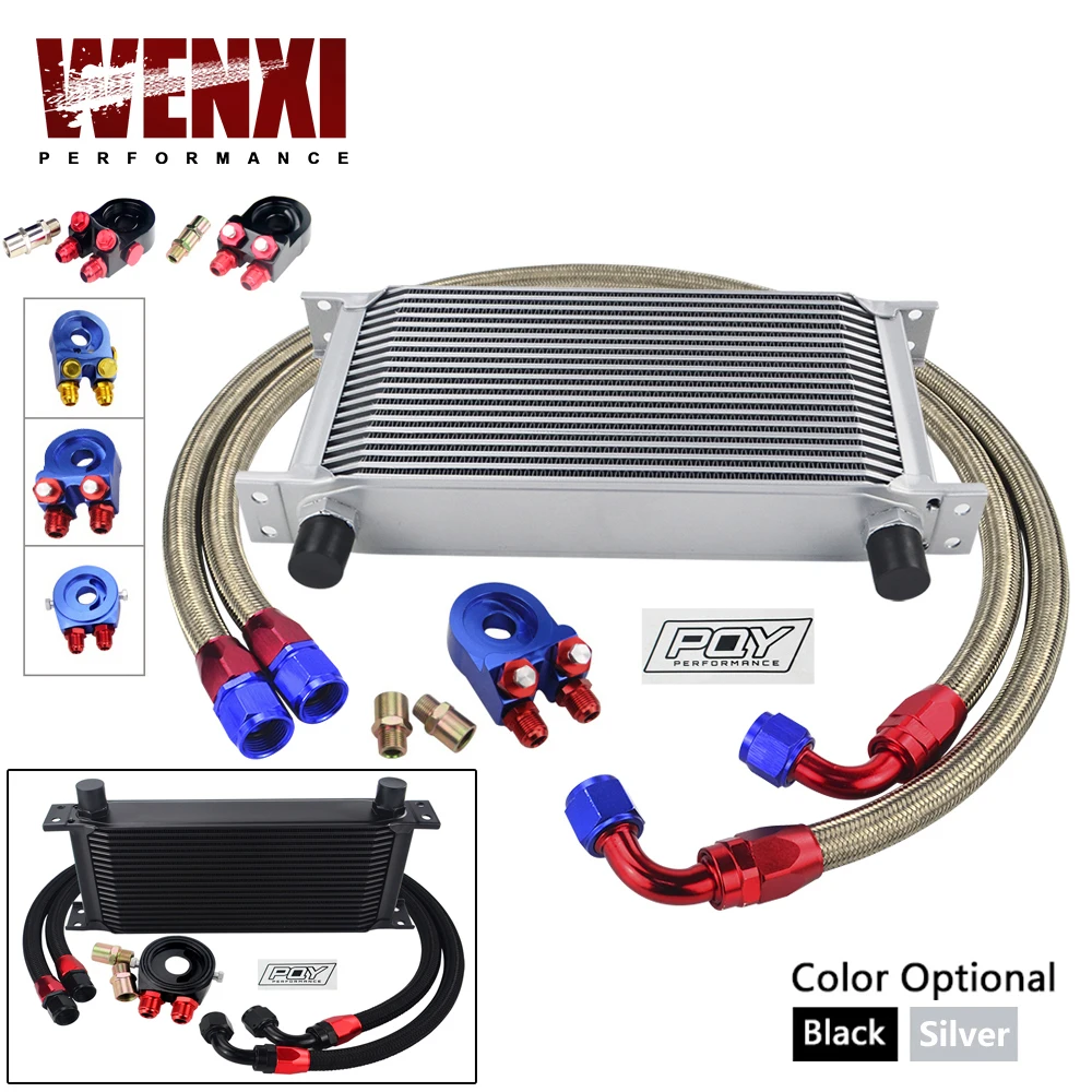 

Universal 19 Rows Oil Cooler Kit +Oil Filter Sandwich + Stainless Steel Braided An10 Hose With PQY Sticker+Box