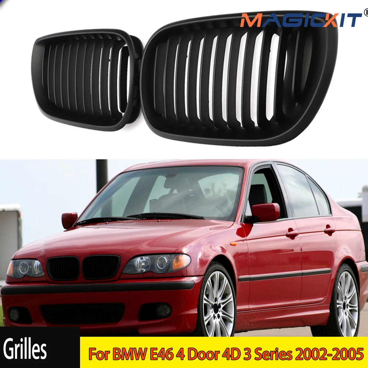 2Pcs Car Style Mattle Black Front Kidney Double Slat Grill Grille for BMW E46 4 Door 4D 3 Series 2002-2005 Car Accessories