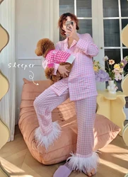 2024 Long Sleeved Ostrich Feather Pajamas for Women Casual Sleepwear Luxury Two Piece Pajama Set Pajama Party Wear Pink Plaid