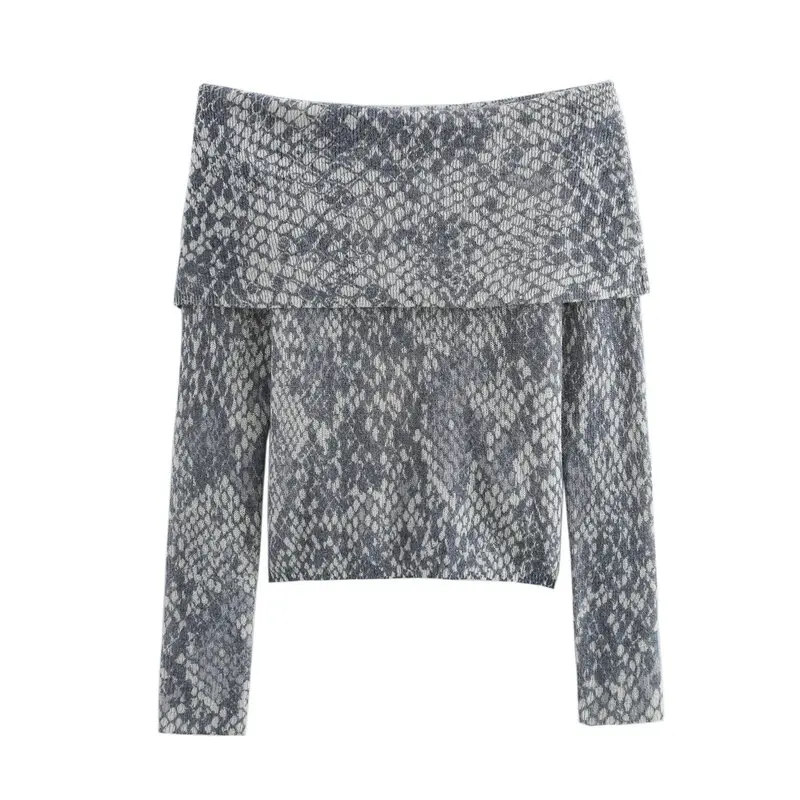 Spring 2025 Women's Animal Embroidered Casual Knitwear oulder Bared Long Sve Straight Collar Longitudinal Commute Sle