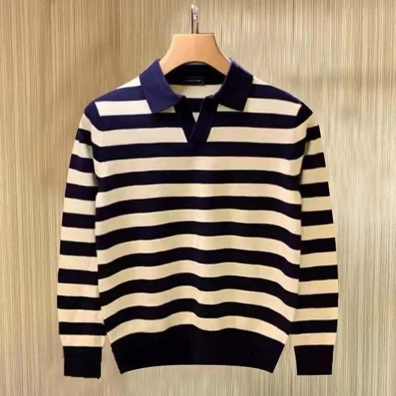 

Высококачественный мужской свободный крой Long Sve трикотаж V-Ne повседневный полосатый лоскутный свитер осенней модной верхней одежды