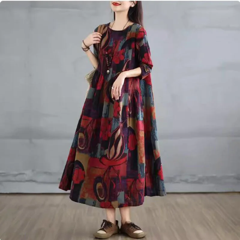 Abito a maniche lunghe girocollo stampato in cotone e lino retrò per donna 2024 abito a trapezio Patchwork di grandi dimensioni allentato autunno CS013