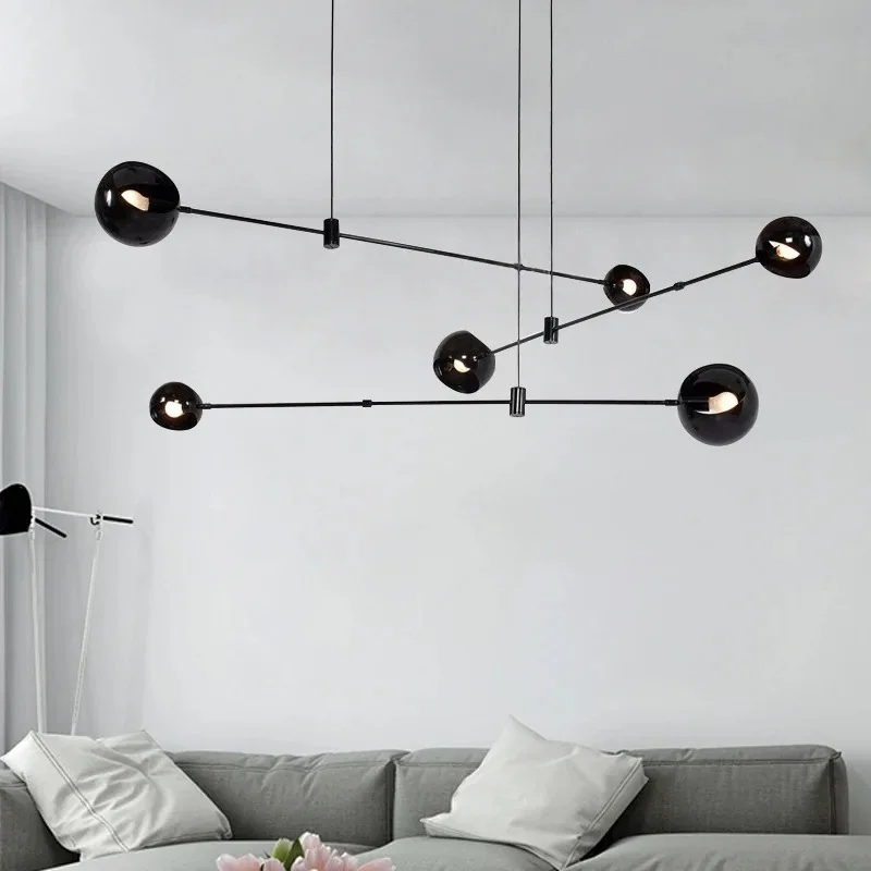 LED Linear Chandelier Black Globe Pendent Lamp Loft Wrought Iron Hanging Light Living Dining Room Villa Home Decoration Lighting