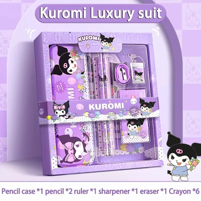 Sanrio 12 pçs kuromi conjunto de papelaria cinnamoroll minha melodia lápis borrachas réguas estudante material escolar estudo papelaria presentes