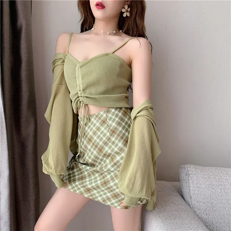 

Новый летний костюм: женский вязаный кардиган цвета авокадо для весны и осени, солнцезащитная одежда, сексуальная майка и юбка