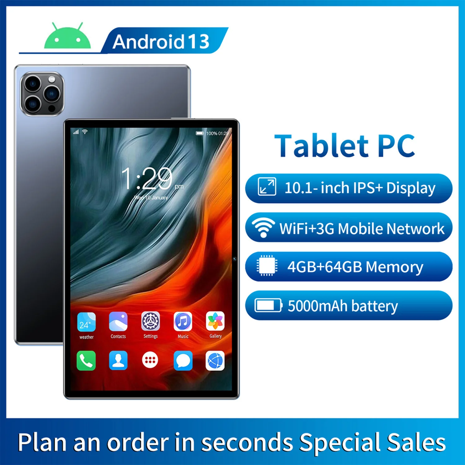 

New 10.1 Inch Android 13 Tablet Pc Google Play Octa Core Dual Cameras Dual SIM 3G Phone Call Wifi Tablets 4GB RAM 64GB ROM