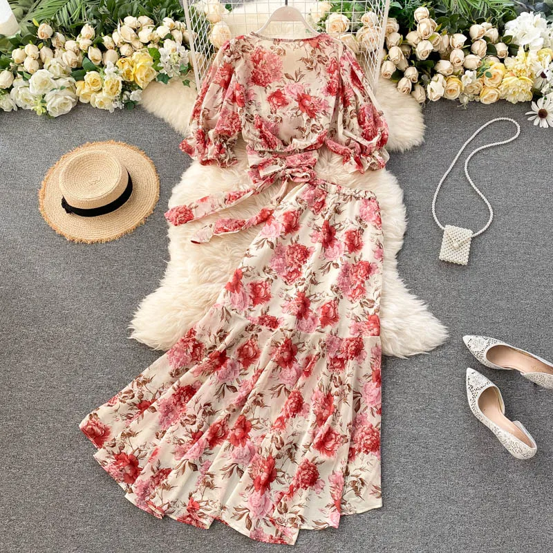 Sexy Two Pieces Sets Chic Bandage chiffon Shirt Top with sweet High Waist mermaid Skirt Beach Vacation Sets