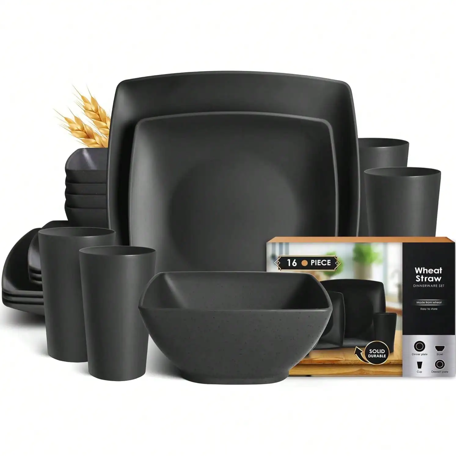 16-Piece Plastic Wheat Straw Square Dinnerware Set For 4, Unbreakable Dinner Plates, Salad Plates, Snack Bowls, Tumblers 13.5 Oz, Dishwasher , Kitchen Outdoor Camping,Black. sh260626104739540950421