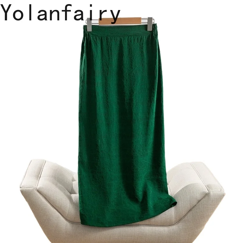 YOLANFAIRY Quality 100% Real Mulberry Silk Skirts Long Elegant Elastic Waist Green Skirt Women's Clothes Split Straight Skirt