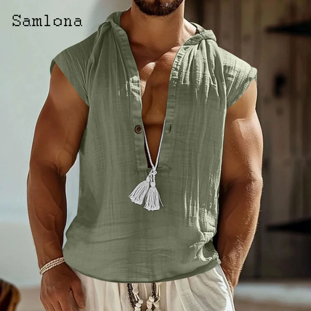 Kemeja Bertali Fashion Pria 2025 Atasan Bertudung Kasual Tanpa Lengan Pria Pulover Pantai Musim Panas Terbaru Blus Linen Katun Navy Abu-abu