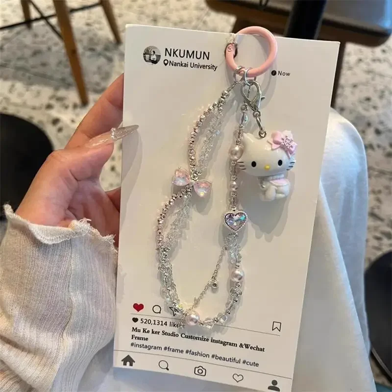 Hello Kitty-cordón de cadena para teléfono con cuentas, llavero femenino, colgantes, amuleto de cámara antipérdida, bonito accesorio de regalo